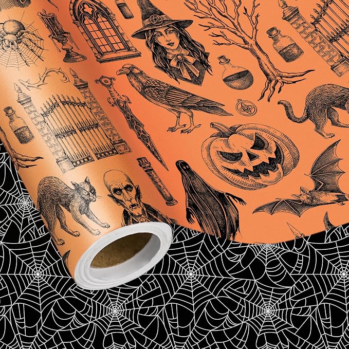 LeZakaa Vintage Halloween Kraft Wrapping Paper Roll, Gothic Skull Pumpkin & Spooky Spider Web Reversible Print for Halloween Party Gift Wrap, DIY Craft, Mini Roll 17 In x 16.4 Ft - skull toilet paper