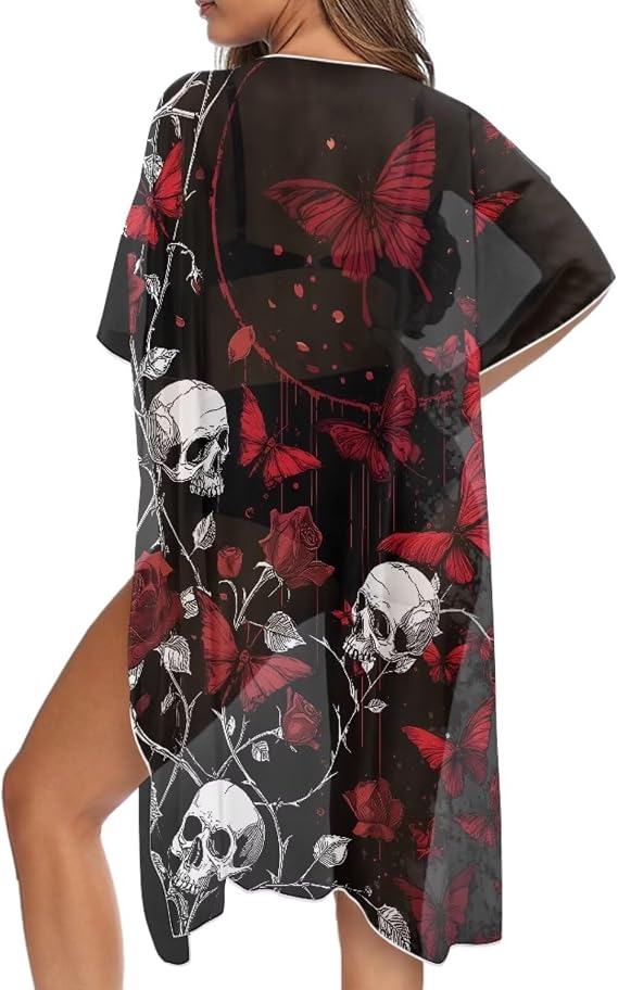 Womens Kimono Cardigans Casual Summer Tops Kimono Cardigan Loose Cover Up Chiffon Cardigan Loose Capes - skull jacket