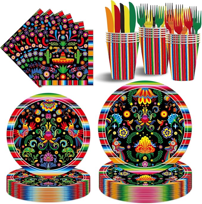 160Pcs Mexican Fiesta Paper Plates, Cups, Napkins, Forks,Knives Cinco de Mayo Party Tableware Day of the Dead Home Birthday Baby Shower Party Supplies Serve 25 Guests - skull plate