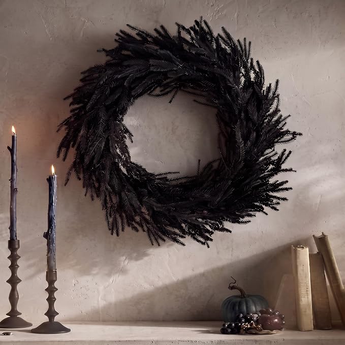 Thiccywoov 20 in Halloween Black Wreath Artificial Norfolk Pine Front Door - skull wreath