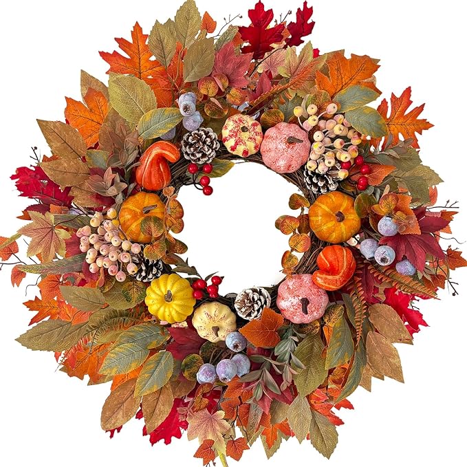 HipTree 24In Fall Wreath Pumpkin Maple Berry Front Door Thanksgiving Decor - skull wreath