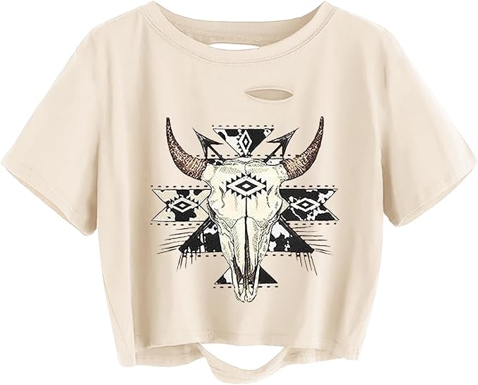 TIXOM Women Country Music Graphic Distressed Tee Shirt Sexy Ripped Short Sleeve Crop Tops - skull leggings
