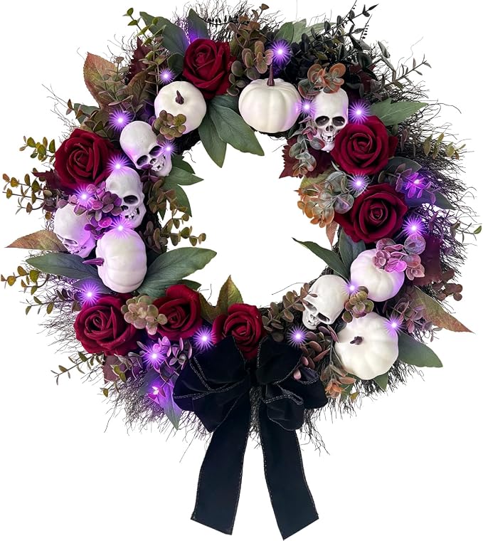 HipTree 20 Inch Gothic Halloween Wreath for Front Door with Purple Lights - skull wreath