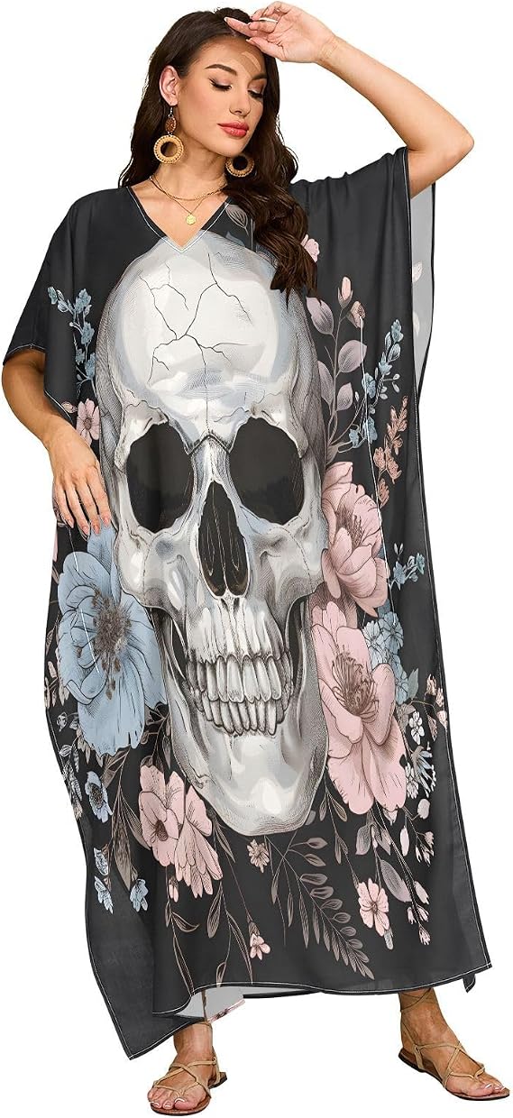 ALAZA Skull Head Flower Women Kaftan Dresses V-Neck Moo Moos Plus Size Beach Cover Ups, One Size - sugar skull dress