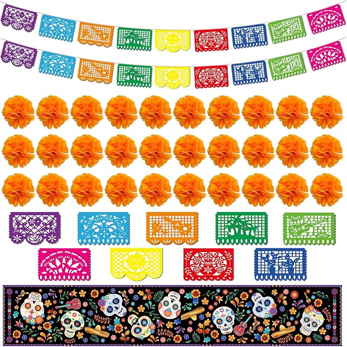67PCS Dia De Los Muertos Decorations, Ofrenda Decorations for Altar, 16Pcs Papel Picado, 1Pcs Linen Mexican Table Runner, 50Pcs Marigold Garland for Day of The Dead. - skull carpet