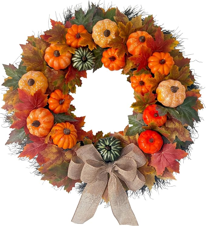 HipTree 20 Inch Rustic Farmhouse Fall Pumpkins Wreath for Front Door - skull wreath