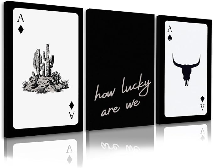 Western Wall Decor Living Room,Southwestern Cowboy How Lucky Are We Wall Art,Longhorn Bull Skull and Playing Card Canvas Painting Pictures for Bedroom Bathroom Office,12x16in,Framed - skull wall art