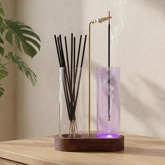 Glass Glowing Incense Holder - Modern Double Tube Incense Stick Burner with Ash Catcher - Aesthetic 2-in-1 Fragrance Display for Palo Santo, Sage & Candles - Zen Decor for Yoga & Meditation - skull incense burner