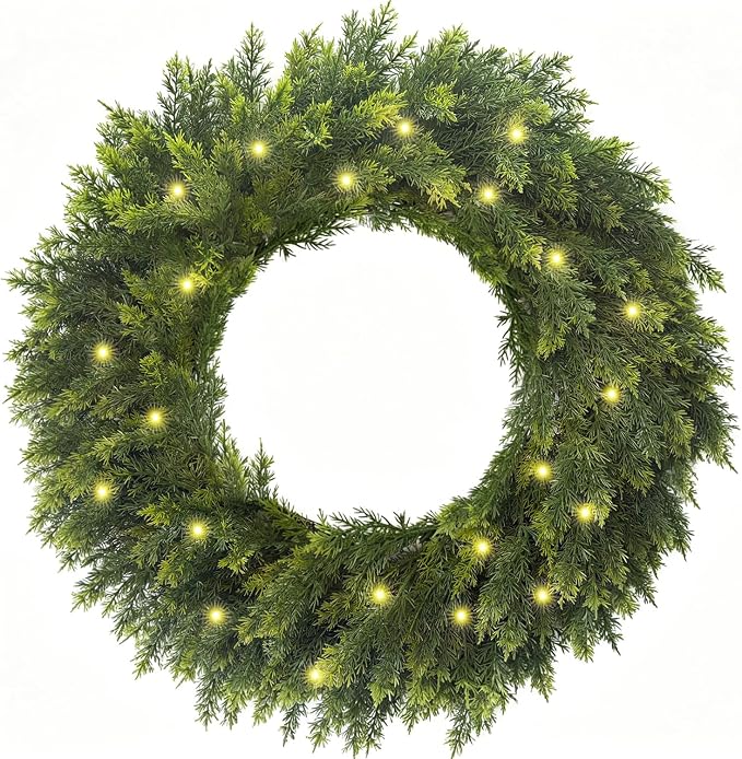 HipTree 30 Inch Real Touch Lighted Christmas Cedar Wreath for Front Door - skull wreath
