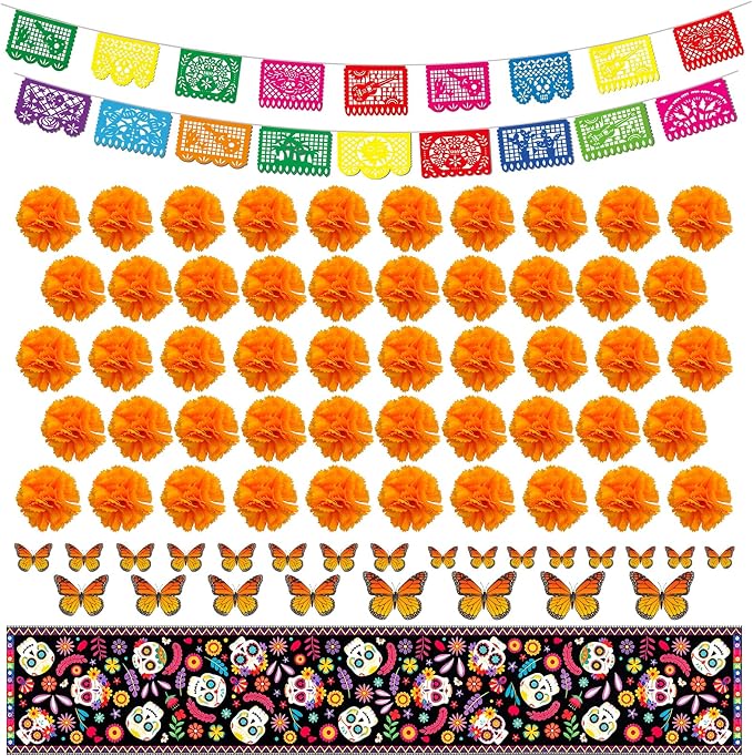 94Pcs Dia De Los Muertos Decorations Ofrenda Kit -Day of the Dead Decorations Altar Decor Set -18piece of banner, 50pcs MarigoldFlowers&Stems,1PCS Table Runner,24 Monarch Butterfly Altar Decor. - skull carpet