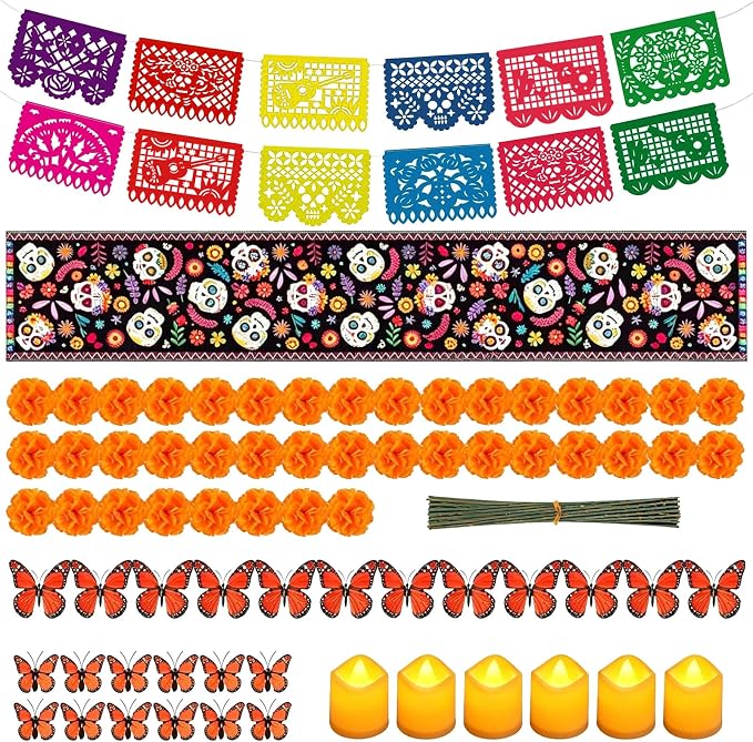 77PCS Dia De Los Muertos Decorations Ofrenda Kit -Day of the Dead Decorations Altar Decor Set -1 piece of banner, 40pcs MarigoldFlowers&Stems,1PCS Table Runner,24 MonarchButterfly, 6 LED Candle. - skull figurine