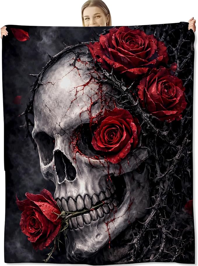 Gothic Skull Rose Flannel Throw Blanket, 50x60in, Soft Warm Cozy Blankets with Skull and Red Rose, Gothic Gifts for Women Skeleton Lovers, Halloween Home Decor Dorm Office Travel Camping - skull blanket