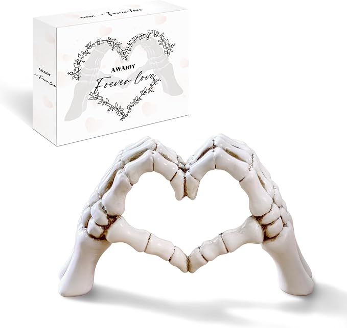 Skeleton Heart Hands Sculpture, Skull Fingers in a Heart Gesture - skull figurine