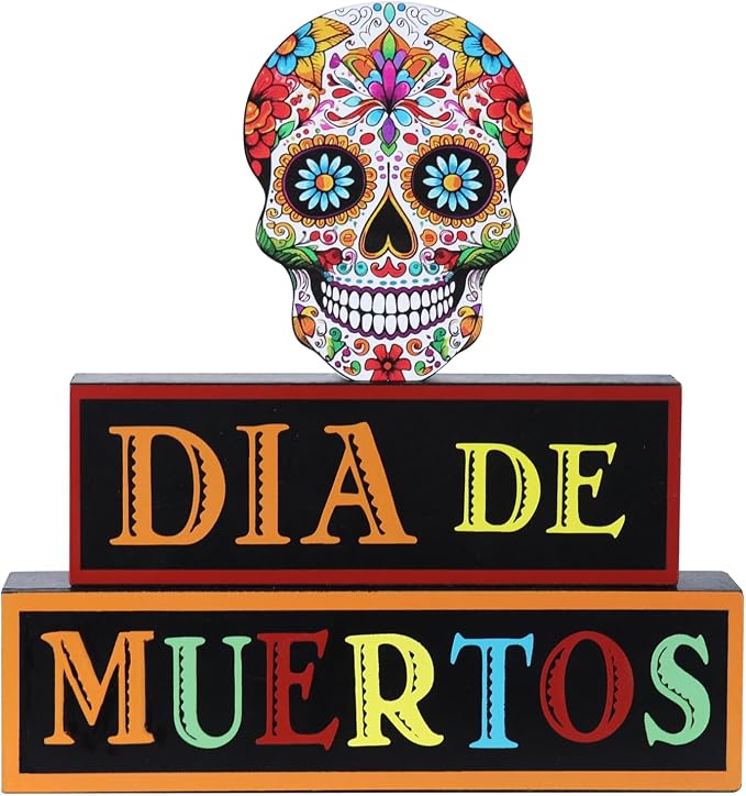 MEETYAMOR Day of the Dead Decor, Wood Block Sugar Skull Dia De Los Muertos Decorations with DIA DE MUERTOS Sign, 3-Layered Wooden Skeleton Decor for Altar, Ofrenda, Home, Table, Mexican Fiesta - sugar skull ornament