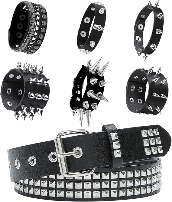 YMO Black Studded Belt, Spiked Bracelets Punk Rock PU Leather Belt - skull wallet