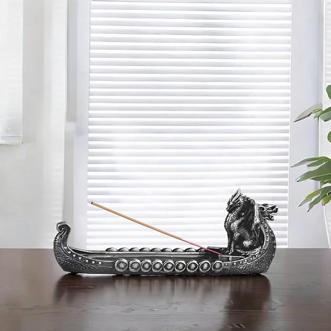 ICE Armor 9.75" W Black Viking Longboat Dragon Head Gothic Incense Burner Decorative Holder – Decorative Incense Holder Home Decor - skull incense burner