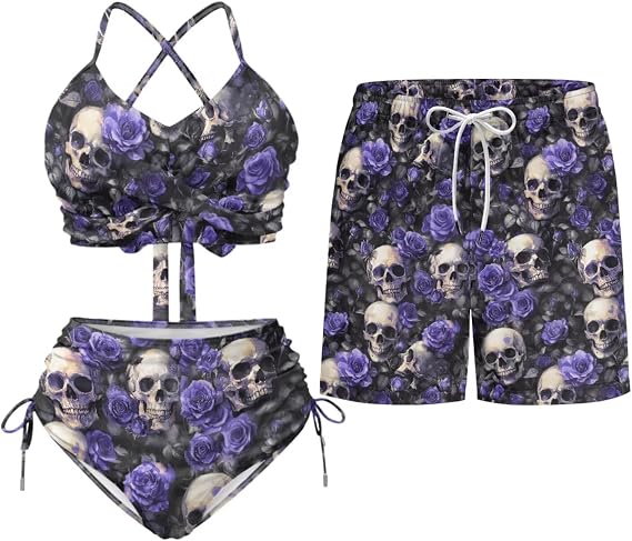TOADDITDO Two Piece Bikini Sets or Matched Swimming Trunk with Pocekt for Beach Hawaiian Couples Matching Swimsuits - skull swimsuit