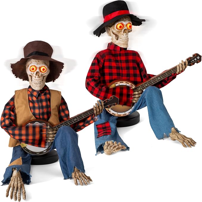 Halloween Animatronics Banjo Skeletons Duo Decorations, Animated Skull with Sound Activated Funny Voice Light Up Eyes, Playing Musical Plug-in Powered Halloween Prop Decor for Indoor Outdoor Yard Lawn - skeleton