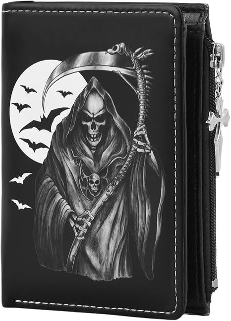 Skull Punk Goth Wallet For Men Leather Wallet With Skull Bifold ID Window Wallets with Zipper Coin Pocke Christmas Birthday Halloween Gifts (Black)