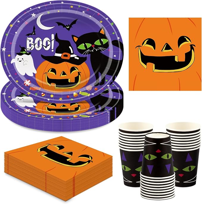 100Pcs Halloween Oval Paper Plates and Napkins and Cups Set - skull plate