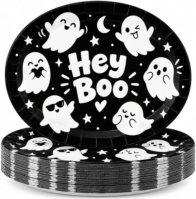50 Pcs Halloween Oval Hey Boo Plates, 11 x 9 Inch - skull plate