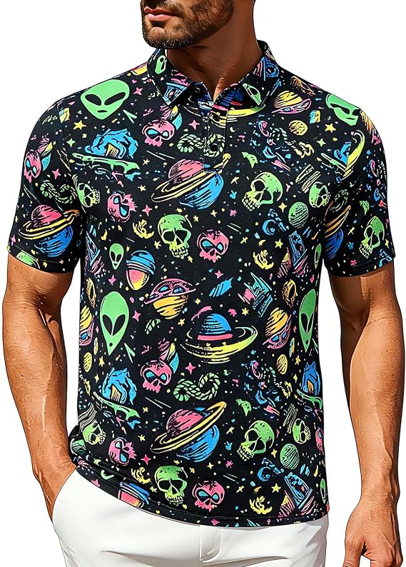 Golf Shirts Polo Shirt for Men Short Sleeve Golf Polo Shirts Performance Funny Print Mens Shirt - skull tshirt