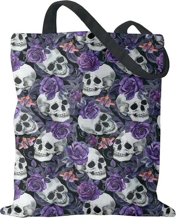 WRAPAHOLIC Halloween Canvas Tote Bag - Gothic Skull and Purple Rose Floral Reusable Shoulder Tote Bag for Casual Vacation, Shopping, Work, Campus, Halloween - sugar skull handbags for sale