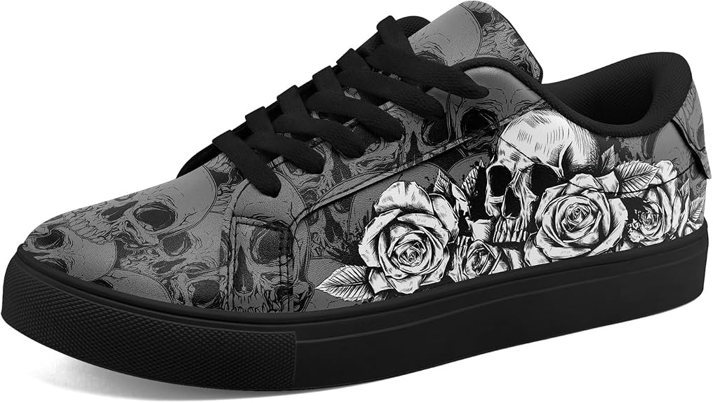 Skull Rose Low top Sneakers for Women Men, Faux Leather Fashion Casual Tennis Shoes Punk Graphic Skate Shoes