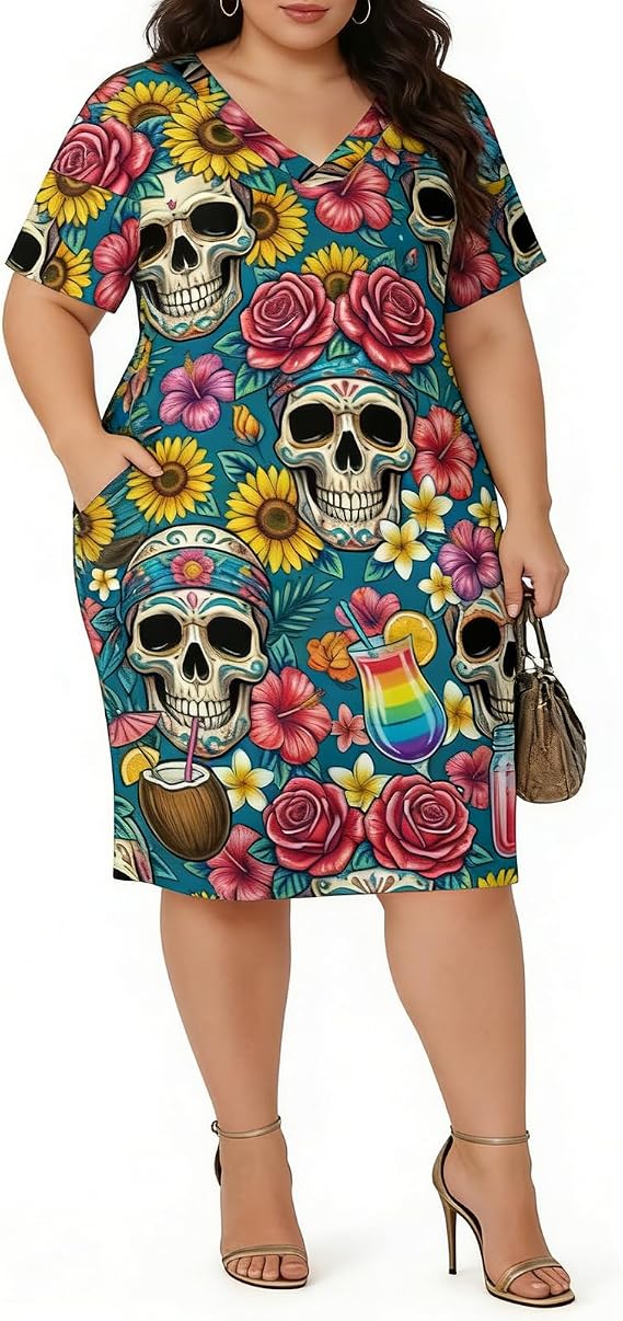 Summer Dresses for Women Casual V Neck Short Sleeves T Shirt Dress Plus Size Midi Dress with Pockets - sugar skull dress