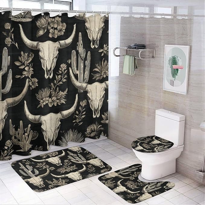 Bathroom 4-Piece Set Western Bull Skull Cactus Agave Standard 72'' X 72'' Shower Curtain, Desert Flower Plant Non-Slip Plush Bath Mat & Toilet Cover Quick Dry & U Rugs with 12 Hook - skull toilet mat