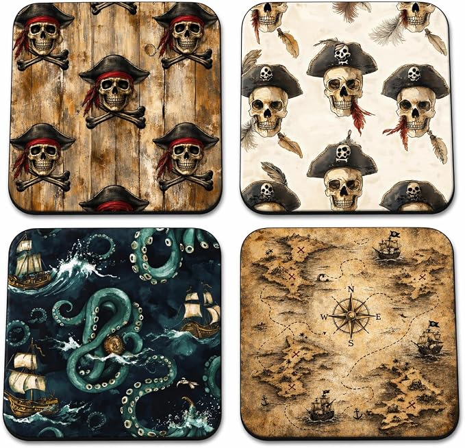 Pirate Adventure Absorbent Coaster Set – Skull, Kraken, Ship, and Treasure Map Drink Coasters with Non‑Slip Backing, 4‑Pack (Pirates) - skull coaster