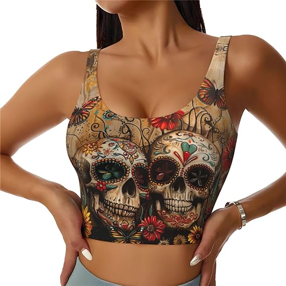 Women's Sugar Skulls Butterfly Print Sports Bras, Workout Tank Tops with Removable Cups for Yoga Running Gym - skull tank tops