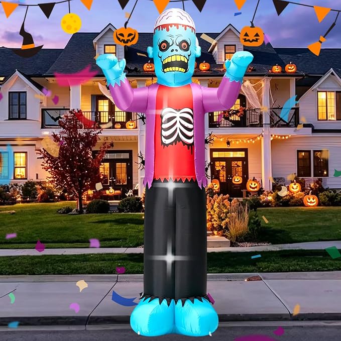 12FT Halloween Inflatable Decoration, LED Light Up Scary Blue Zombie Blow Up Yard Decor, Giant Tall Outdoor Garden Lawn Spooky Horror Display for Halloween Party Haunted House Decor - skull inflatable
