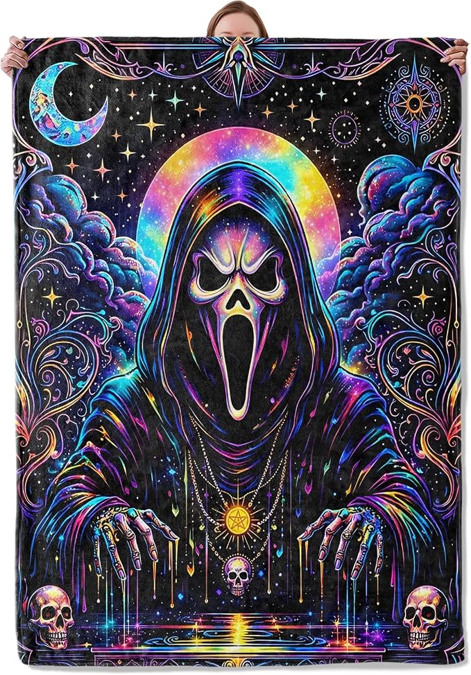 Neon Skull Tarot Gothic Throw Blanket Gifts for Kids Women, Soft Warm Horror Flannel Blankets for Living Room Sofa Home Bedroom Decor 50" x 60" - skull blanket