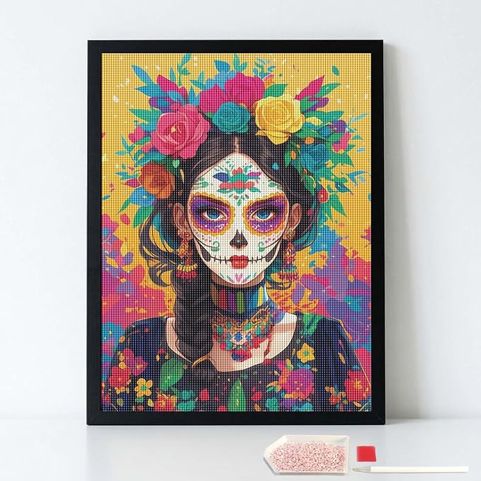 HUINORYA Day of THE Dead Sugar Skull Woman Mexican Diamond Painting Kit with Frame Full Square Drill DIY Bar Cafe Cave Home Room Wall Bathroom Porch Patio Decor Gift, 16 x 12 Inch - skull wall art