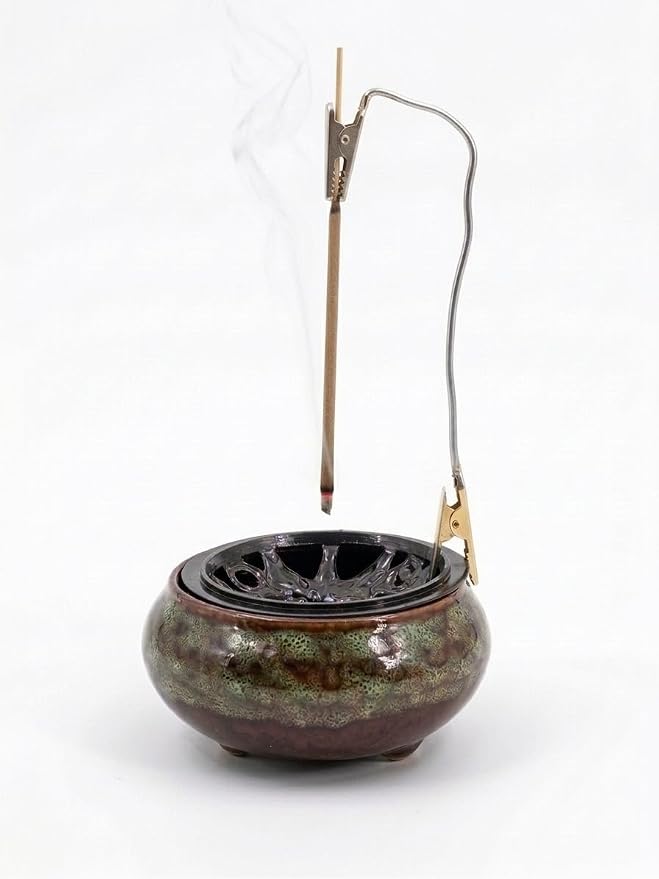 Ceramic Incense Burner Set, Vintage Kiln-Changed Censer with Alloy Holder, Coil Cone Stick Incense Burner, Zen Decor for Home Meditation Yoga, with Holder, Clip & Fireproof Mat - skull incense burner