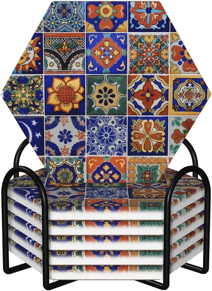 Vintage Colorful Mexican Tiles Drinks Coasters Absorbent Stone with Holder Set of 6, Bohemian Moroccan Mosaic Boho Talavera Tile Hexagon Ceramic Coaster for Coffee Table Protection (Hexagonal) - skull coaster