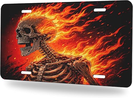 Skeleton Front License Plate Skull Dark Gothic Fire Car Decorative License Plates Aluminum Metal Decor Accessory Novelty Vanity Tag Cover with 4 Holes for Men Women 6" X 12" - skull plate