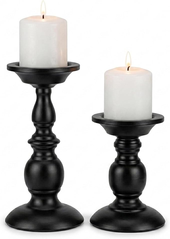 Vintage Pillar Candle Holders Set of 2, Black Metal Candlestick Holders Centerpieces for Table, Victorian Antique Decorative Candle Stand for Fireplace Mantle, Dining Room & Wedding Decor - skull candle