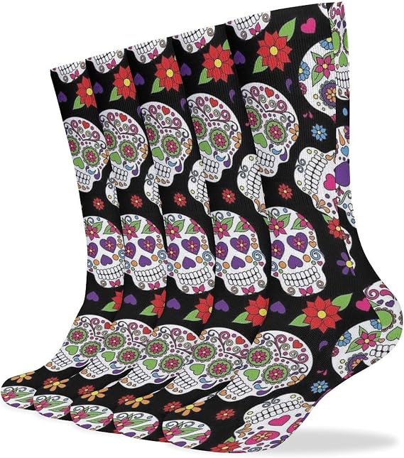 Colorful Vintage Sugar Skull Socks 5 Pairs Soft High Boot Socks for Women Breathable Casual Calf Sock Winter Long Crew Sock - sugar skull boots