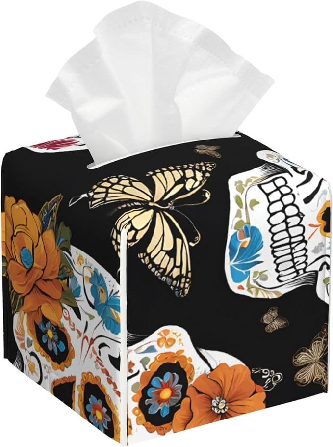 Sugar Skulls Print Leather Tissue Box Cover, Pu Waterproof Square Holder for Kitchen Bathroom Office Bedroom - skull toilet paper