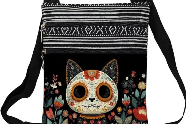Sugar Skull Cat Printed Small Ethnic Crossbody Bag