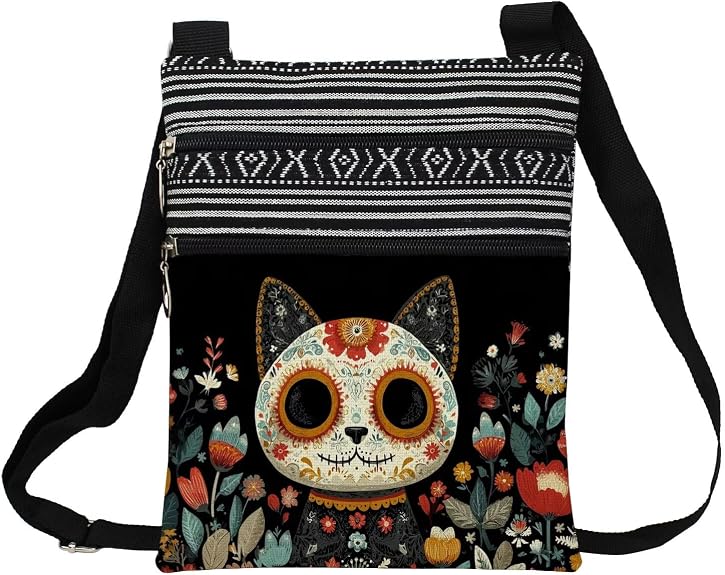 Sugar Skull Cat Printed Small Ethnic Crossbody Bag - sugar skull handbags for sale