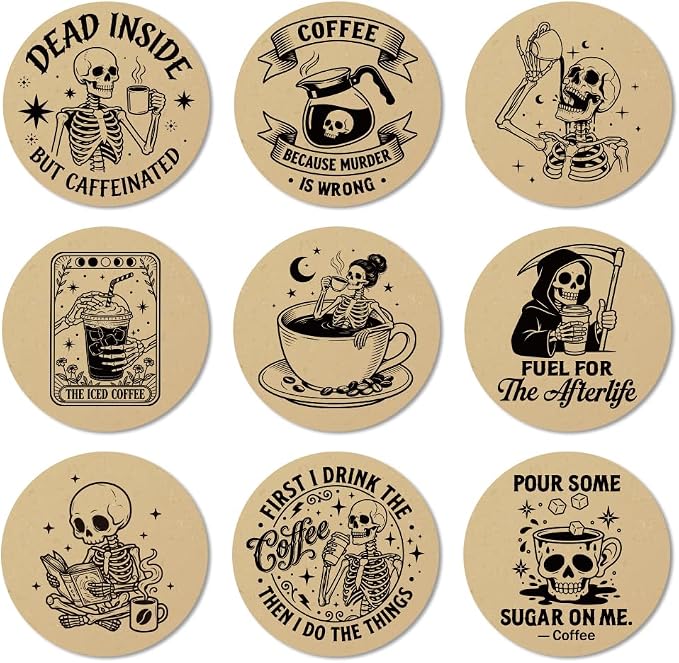 ANATTASOUL Humorous Skull Coffee Wooden Coasters Set of 9 Bulk(3.9") - skull coaster