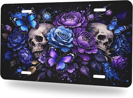 Skull Rose Front License Plate Purple Butterfly Dark Floral Car Decorative License Plates Aluminum Metal Accessory Novelty Vanity Tag Cover with 4 Holes for Men Women 6" X 12" - skull plate
