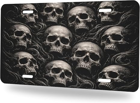 Skull Front License Plate Gothic Dark Skeleton Car Decorative License Plates Aluminum Metal Decor Accessory Novelty Vanity Tag Cover with 4 Holes for Men Women 6" X 12" - skull plate