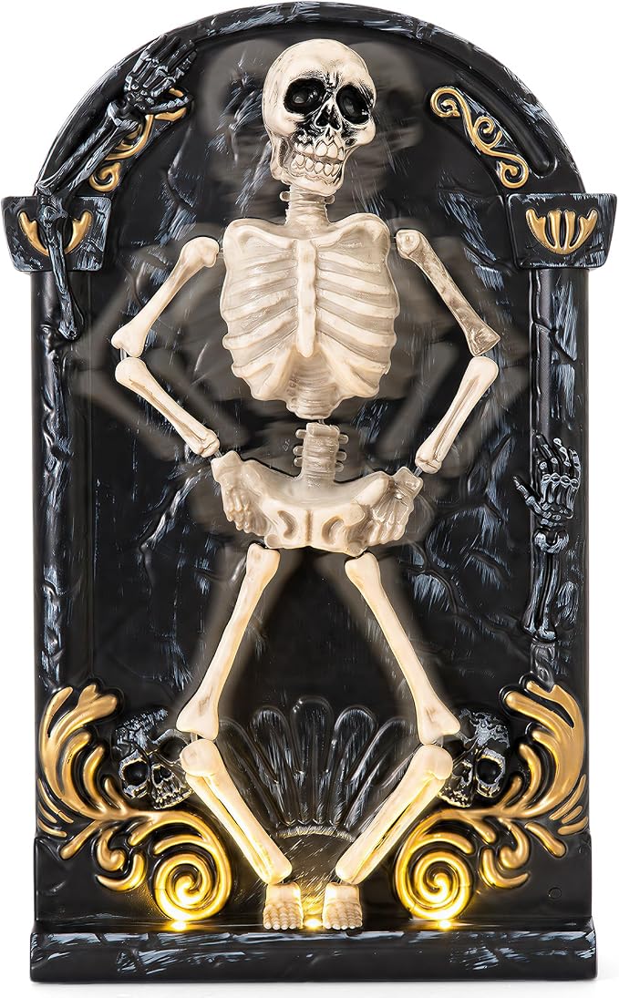 Halloween Decorations Animatronic Dancing Skeleton Built-in Tombstone with Music, Posable Arms & Legs Haunted House Spooky Decor Horror Prop for Indoor/Outdoor Halloween Party Garden Yard Decor - skeleton