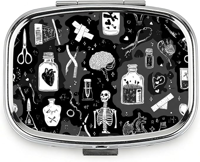 Gothic Skull Pill Box 2-Compartment Small Pill Case Square Organizer Case with Mirror Portable Metal Medicine Box Travel Container for Women Men