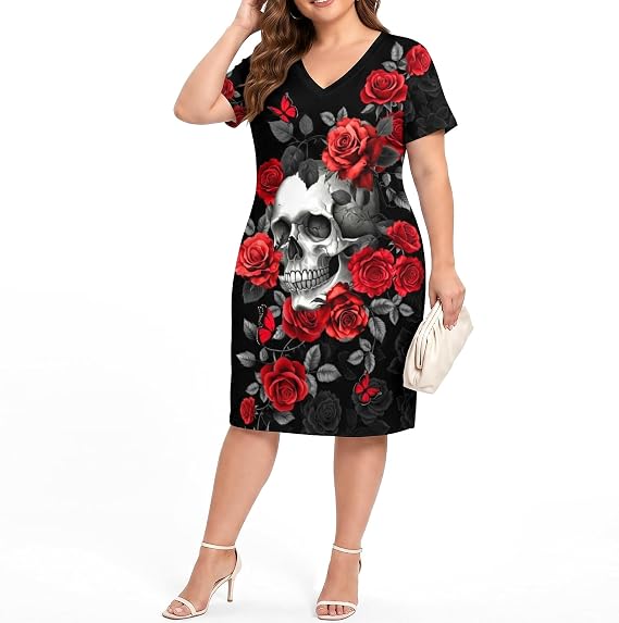 Plus Size Midi Dresses for Women Casual V Neck Short Sleeve T-Shirt Dress with Pockets Beach Vacation Outfit - sugar skull dress
