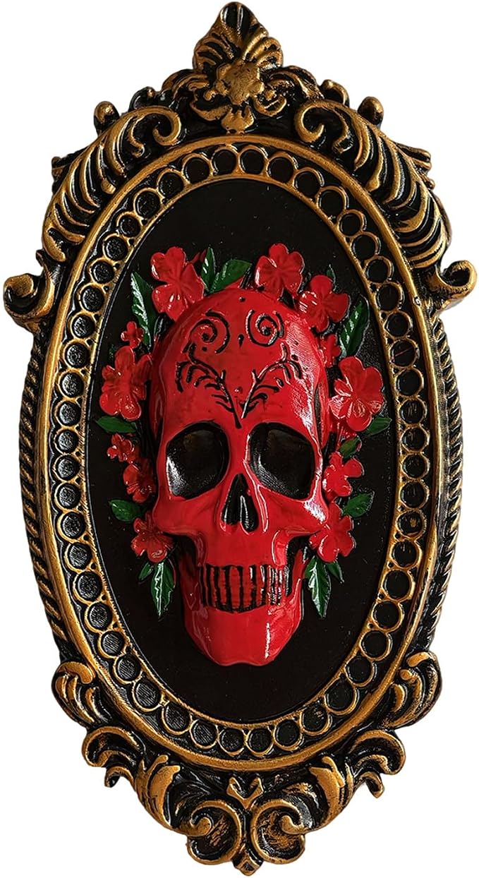 Gothic Resin Skull Wall Sculpture, Halloween 3D Red Flower Skull Wall Decor